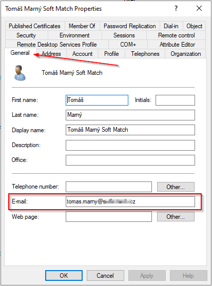 Active Directory - nastavení parametru e-mail