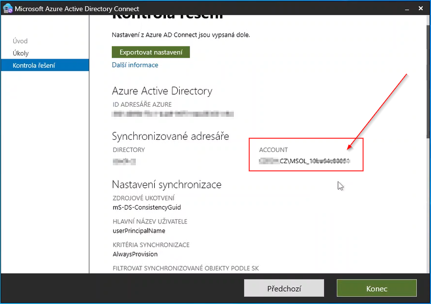 Microsoft Entra Connect - aktuální konfigurace - účet