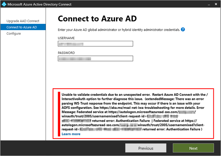 Entra - unable to validate credentials due to an unexpected error