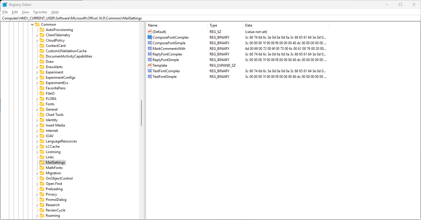 Outlook Desktop - registry - default font settings
