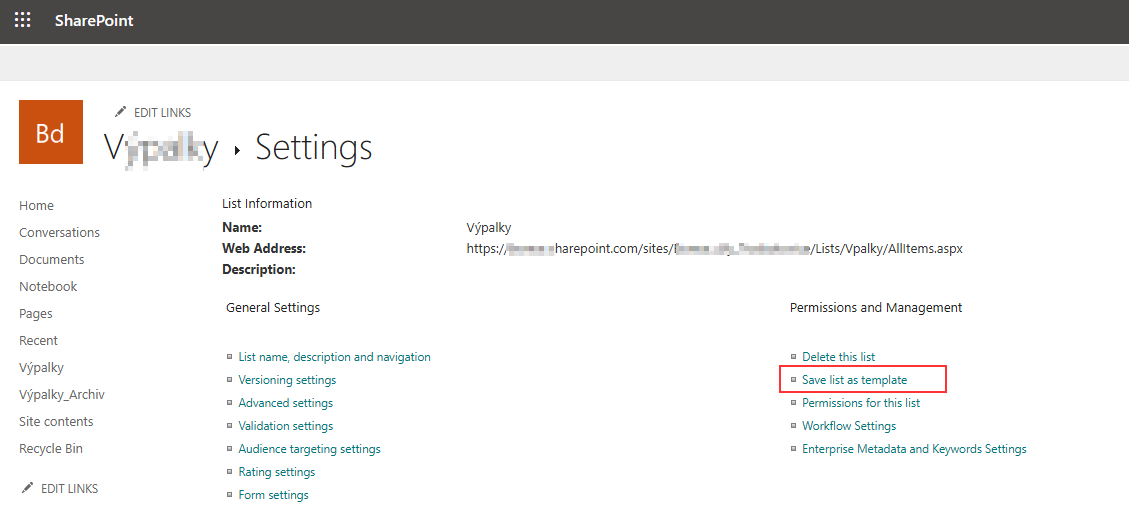 Sharepoint seznam - nastavení - Uložit jako šablonu